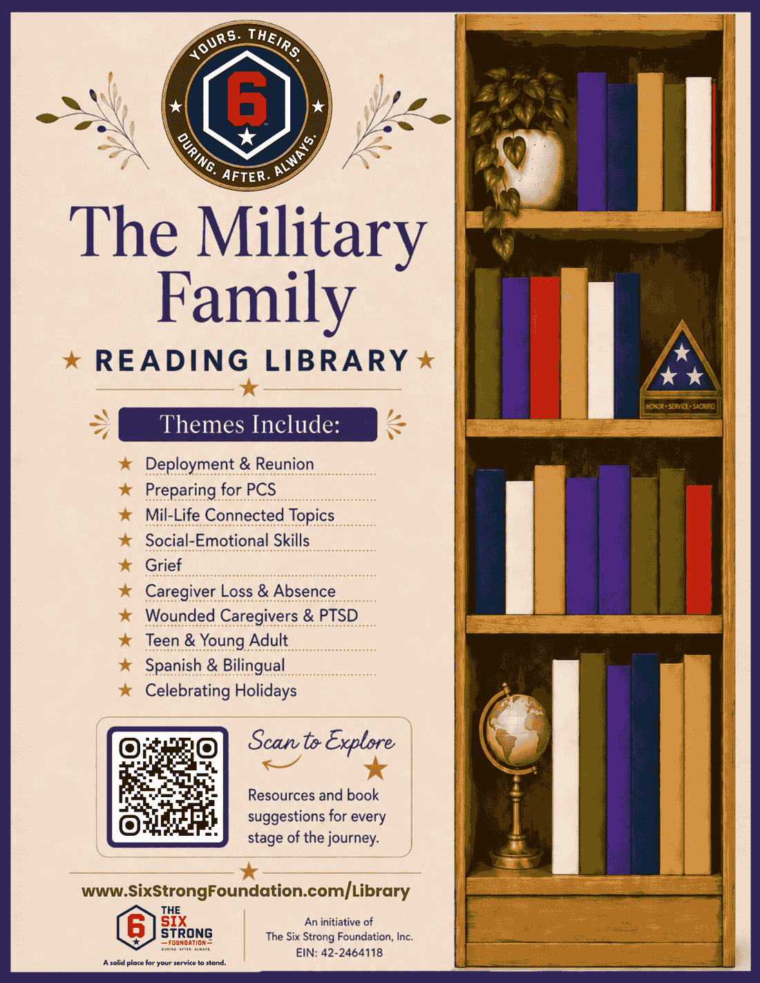 The Military Family Reading Library flyer. Themes include Deployment and Reunion, Preparing for PCS, Grief, and Teen and Young Adult.