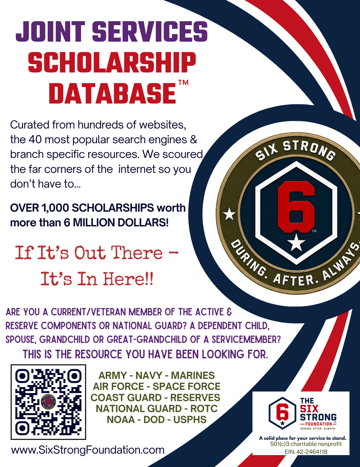Joint Services Scholarship Database flyer: over 1,000 scholarships worth more than 6 million dollars. If It's Out There, It's In Here.